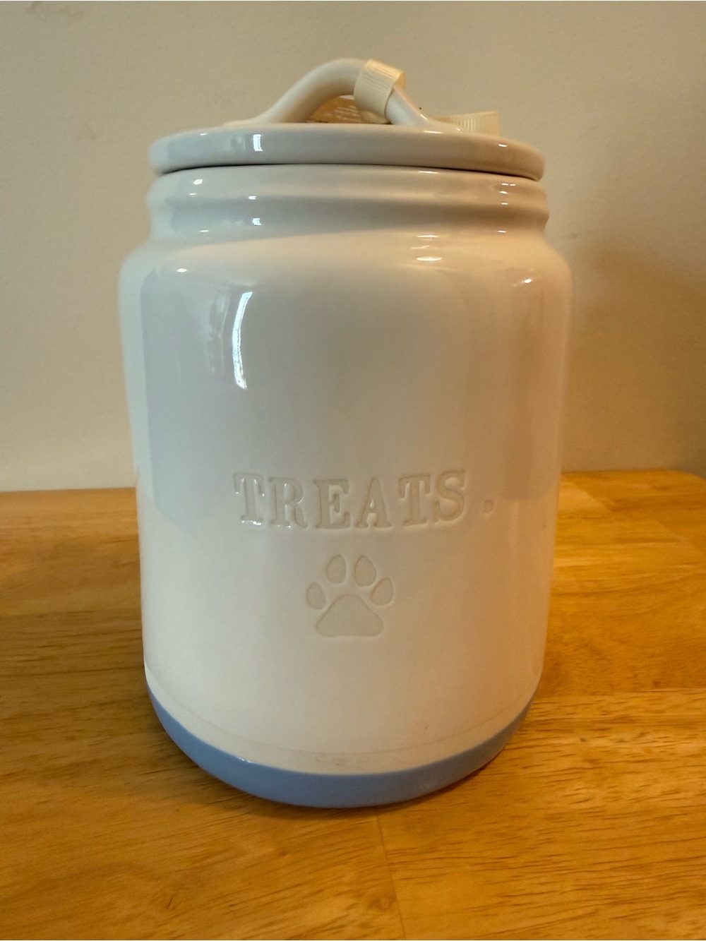 Rae Dunn White Ceramic Dog Treats Jar with Blue Base